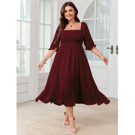 SCOMCHIC Women's Plus Size Maxi Dress Short Sleeve Square Neck Smocked Flowy A-Line Lace Trim Boho Wedding Guest Dresses Burgundy