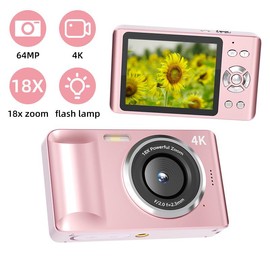 KAYCENCHIP 64GB Digital Camera, FHD 1080P Camera,64MP, Digital Point and Shoot Camera with 18X Zoom, Compact Small Camera for Boys Girls Kids Student Pink Instant - Color: White
