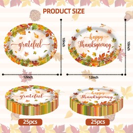 UROINEPA 50Pcs Thanksgiving Plates,12x10 Oval Fall Paper Plates Large Disposable Dinner Platters for Autumn Fall Harvest Thanksgiving Party Decorations Supplies