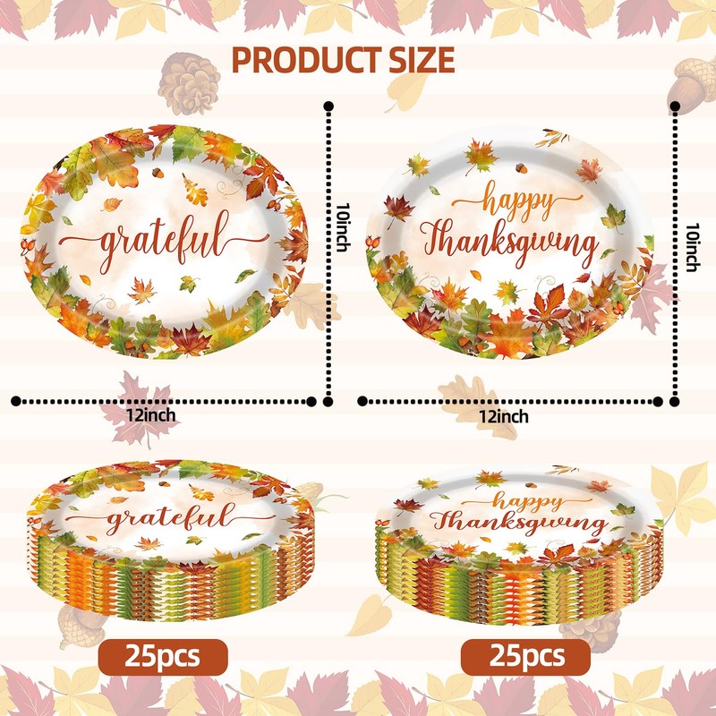 UROINEPA 50Pcs Thanksgiving Plates,12x10 Oval Fall Paper Plates Large Disposable