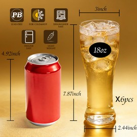 Etolies 18 oz Pilsner Beer Glasses Set of 6 Beer pint glasses，Large Capacity Beer Cup, highball Glasses，Glasses Drinking Set，Dishwasher Safe，Classic Clear Beer Mug Gifts for Men