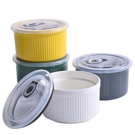 Ramekins with Lids Oven Safe,14 oz Creme Brulee Ramekin with Covers,Small Porcelain Ramekins Dishes for Baking,Souffle,Sauce Dessert, Set of 4,Multi (4.5 inch)