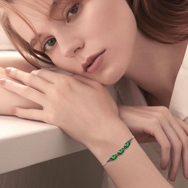 AOBOCO Emerald Green Bracelet for Women 925 Sterling Silver Vintage Retro Link Bracelet with May Birthstone