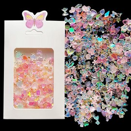 UUYYEO About 200 Pcs 3D Mix Nail Charms Nail Art Flowers Bows Cute Heart Nail Charms Flatback Pearl Nail Charms Acrylic Nail Design Accessories for Women Girls Pink
