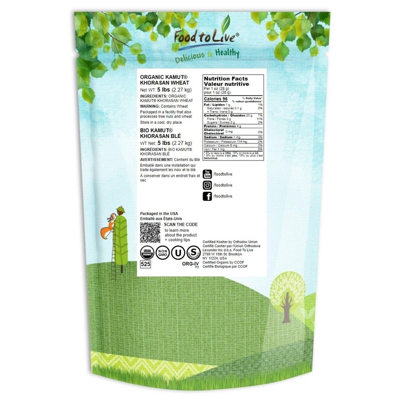 Food to Live Organic KAMUT Khorasan Wheat Berries, 5 Pounds