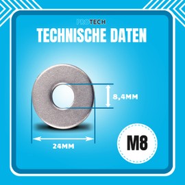 PROTECH Large Washers DIN 9021 M8 | Pack of 100 Stainless Steel A2 V2A Rustproof Washers Side Plates U Washers