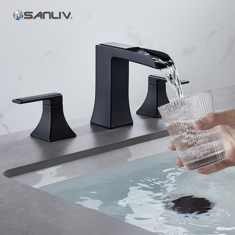 Black Waterfall Bathroom Faucet, Sanliv 3-Piece Widespread Bathroom Faucet for