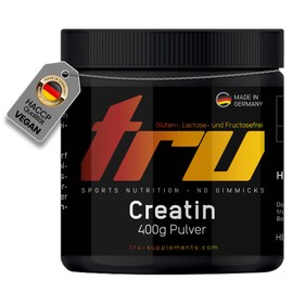 TRU Sports Nutrition | Creatin Pulver - Kreatinmonohydrat - 400g ultrafeines Pulver - Optimal hochdosiert - 100% Vegan | Herstellung & Laborprüfung in Deutschland