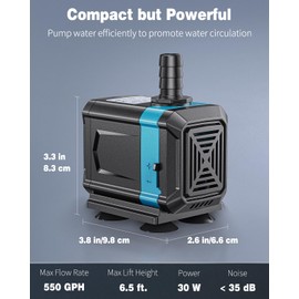 Pawfly 550 GPH Aquarium Submersible Water Pump (2000L/H, 30W) Ultra Quiet Water Fountain Pump with 6.5 ft. Lift Height Adjustable Water Pump for Fish Tanks Ponds Gardens Waterfalls Statuary and Sumps