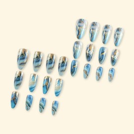 QQPPOLIU Press on Nail Medium Almond Blue False Nails with Line Design Glitter Full Cover Glue on Nails 24pcs
