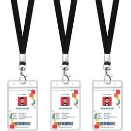 3 Pack Clear ID Badge Holder with Lanyard Black Neck Lanyards with Vertical Waterproof ID Badge Holder for Office, School, Travel