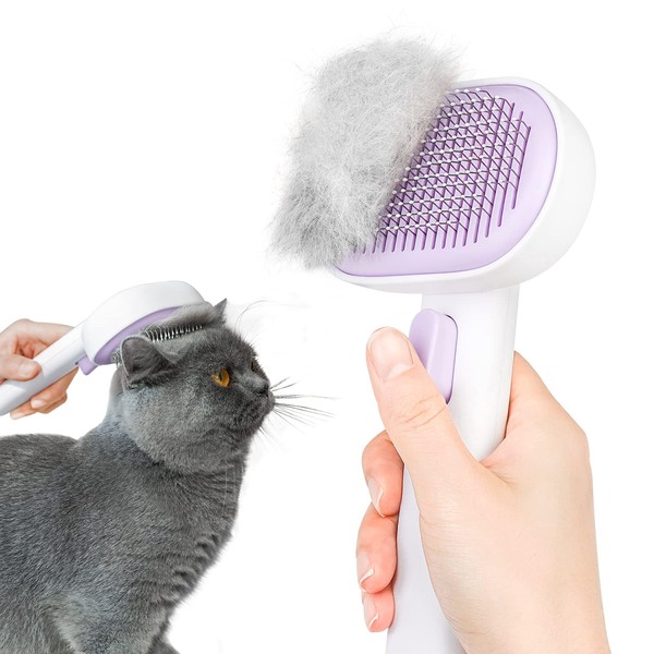 Aumuca Pet Brush, One Push Type, Brushing Brush, Cat Brush, Slicker Brush, One Push Type, Hair Removal Cleaner, Massage, Painless, Washable, Skin-Friendly, For Dogs and Cats, For Medium and Long Haired Breeds, (Purple)