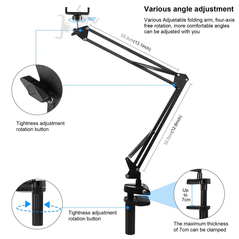 Overhead Video Stand Phone Holder Articulating Arm Phone Mount Supports