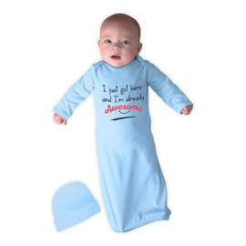Cute Rascals I Just Got Here and I'm Already Awesome Long Sleeve Envelope Neck Boys-Girls Cotton Newborn Sleeping Gown One Piece - Light Blue, Gown & Hat Set