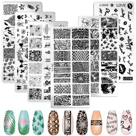MWOOT 6 Pieces Nail Stencil Stamp, Heart Bow Flower Letter Leaf Snake Theme Nail Art Stamp Plate, Nail Art Plates, Nail Stamp, Manicure Tool Kit