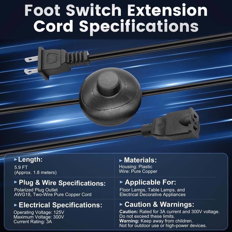 Hohnnyreet Foot Switch 5.9FT Extension Cord with On/Off Switch, AWG18
