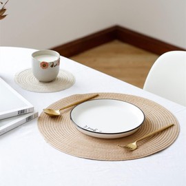 FUNTOCA Set de 6 Manteles Individuales Redondos Trenzados, Tapetes Redondos de 36cm, Mesa de Comedor Alfombrillas Lavables Antideslizantes Resistentes al Calor para Hogar Restaurante Cocina (Caqui)