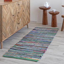 HOMEMONDE Chindi Runner Area Rug 2x8 feet Recycled Soft Cotton Rugs Hand Crafted Reversible Boho Home Decor for Kitchen, Entyrway, Bedroom, Living Room - Multi Green