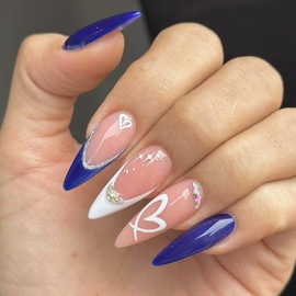 24Pcs Blue Heart Press on Nails Almond Medium Fake Nails French Tip Glue on Nails Valentines False Nails with Sparkly Rhinestones Designs Acrylic Nails Love Heart Heart Stick on Nails for Women