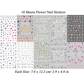 10 Sheets Flower Nail Stickers Spring Nail Art Decals 3D Self-Adhesive Colorful Daisy Blossom Floral Leaf Nail Designs Nail Stickers for Women Girls Kids DIY Nail Decoration Nail Supplies Accessories