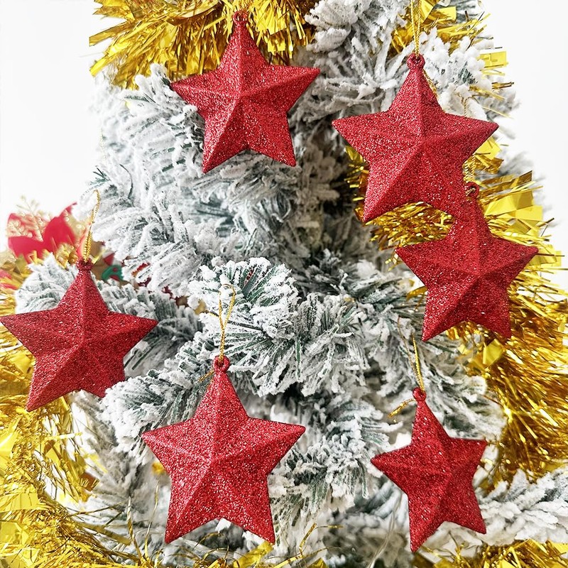 6 PCS Red Star Hanging Baubles Ornaments, 3D Glitter Star