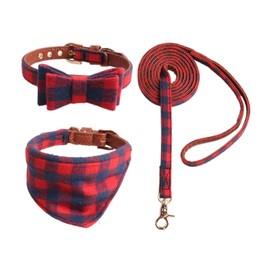 HACRAHO Dog Collar and Leash Set, 3 PCS Convenient Classic Plaid Dog Bow Tie and Dog Bandana Collar Tangle Free Dog Leash Adjustable Collars for Small Medium Large Dogs Cats, M