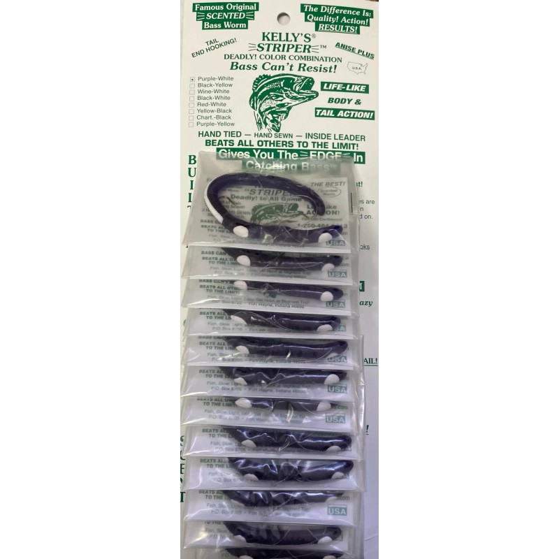 Kelly Striper plastic worm *NEW* Purple/White Stripe *card of 12