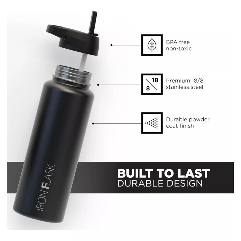Iron Flask Botella De Agua Deportiva 40 Oz, 3 Tapas,