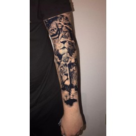 INKARTLINK Semi Permanent Tattoo, 2 Pieces Full Arm Large Size Art Party Tattoos, Comes with a Pair of Anti-Transfer Sleeves, Lasts 7-15 Days, Waterproof and Anti-Reflective (Lion, Jesus)