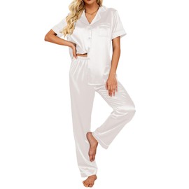 Ekouaer Pyjamas for Women Satin Pjs Set Two Piece Silk Pyjamas for Ladies Button Down Sleepwear Loungewear,White,XXL