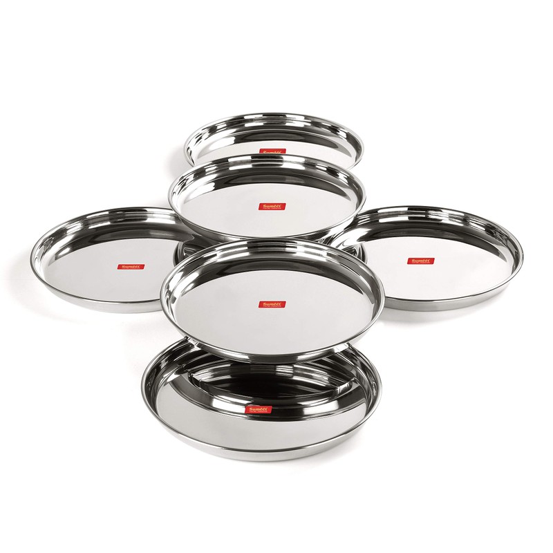 Sumeet Stainless Steel Heavy Gauge Deep Wall Dinner Plates with