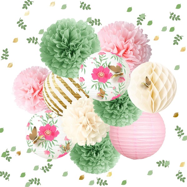 NICROLANDEE 12PCS Green Pink Blooms Tissue Pom Poms Paper Lantern 3D Gold Confetti 50G for Fairy Party, Garden Birthday Party, Wedding, Baby Shower, Holiday, Floral Party Decorations
