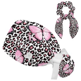 Working Caps with Bow Scrunchies Reusable Surgical Cap Pink Butterfly Leopard Pattern Tie Back Bouffant Hats with Button for Women Long Hair