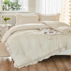 Litanika Litanika Comforter Full Size Set Beige, 3 Pieces Ruffle Lightweight Bedding Comforter Set, Fluffy Bed Set (79x90In Comforter, 2 Pillowcases)