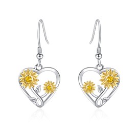 Silver Sunflower Heart Earrings for Women,925 Sterling Silver Sunflower,Daisy Heart Dangle Earrings, Sterling Silver, Cubic Zirconia