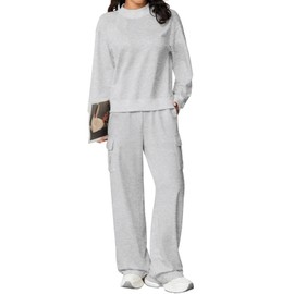 Aleumdr Womens 2 Piece Sweatsuit 2025 Fall Outfits Lounge Matching Set Mock Neck Top Wide Leg Sweatpants With PocketsTracksuit Light Grey Small