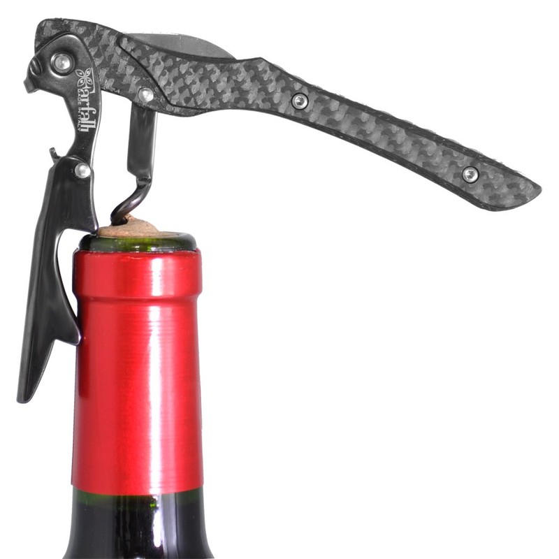 Castello Carbon Fiber Waiter's Corkscrew with Leather Pouch in Wood