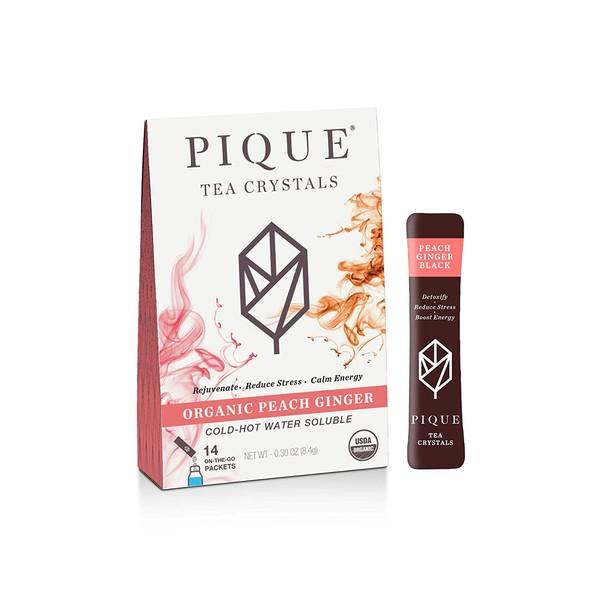 Pique Organic Peach Ginger Black Tea Crystals - Gut Health, Energy, Fasting - 14 Single Serve Sticks (Pack of 1)