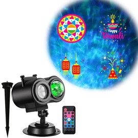 Desi Diwali Holiday Christmas Diwali Projector Light (Indoor Outdoor Waterproof), 16 Slides (4 Pictures Each), 10 Wave Effects (RGBW), Remote Control (Power Timer Speed Flash), 3 Mounting Ways, Screws