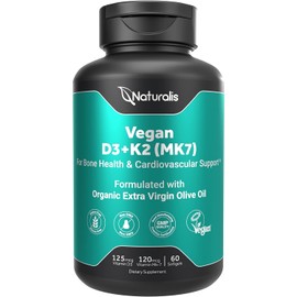 Naturalis Vegan Vitamin D3 + K2 from Algae | 5000iu Vitamin D with 120mcg MK7 Vitamin K | Vegan Society Certified, Sustainably Sourced, Better Than Animal Derived | 60 Veggie Softgels