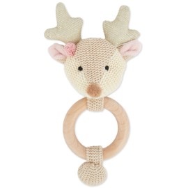 Bieco Wooden Grasping Toy Baby Rattle Diameter 10 cm, Length 17 cm Cute Deer Baby Rattle Cotton with Wooden Ring Baby Grasping Toy Rattle for Boys and Girls Grasping Toy with Deer Fabric Rattle
