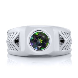Gem Stone King Men's 925 Sterling Silver Green Mystic Topaz and Black Diamond Ring (2.03 Cttw, Gemstone Birthstone, Available In Size 7, 8, 9, 10, 11, 12, 13)