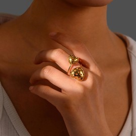 IMINI Stainless Steel Heart Ring for Women Girls 18K Gold Plated Double Love Heart Open Statement Rings Wrap Finger Band Engagement Ring Eternity Ring Chunky Band, Gemstone