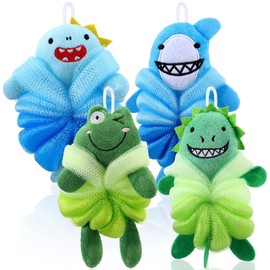 Tatuo 4 Pcs Animal Bath Loofahs Kids Body Loofah Cartoon Shower Cute Bath Sponge Pouf Body Scrubbers Mesh Sponge for Toddler Children Boys Girls Shower Baby Washing Exfoliating (Boys)