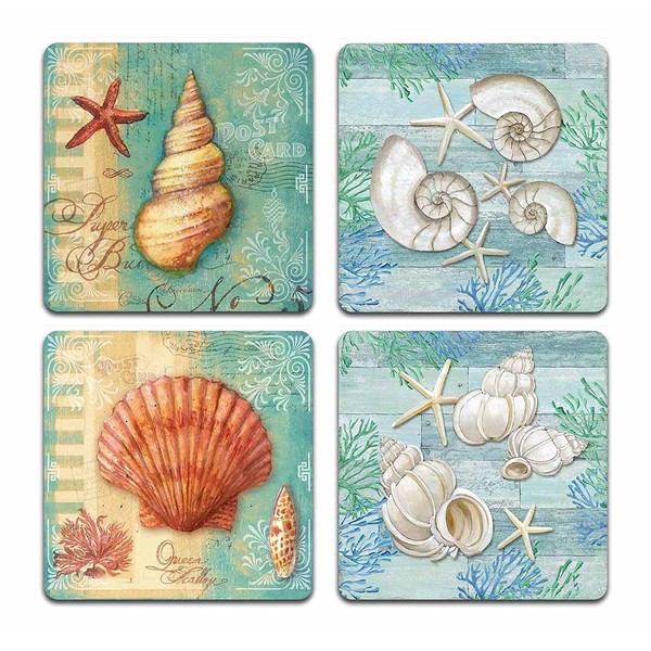 Conch Shell Square Coaster Set of Drink- Made of Polyester