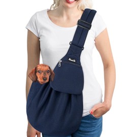 SlowTon Dog Carrier Sling - Thick Padded Shoulder Strap Adjustable Dog Carriers for Small Dogs, Puppy Carrier Purse for Pet Cat with Front Zipper Pocket Safety Belt Machine Washable (Dark Blue, L)