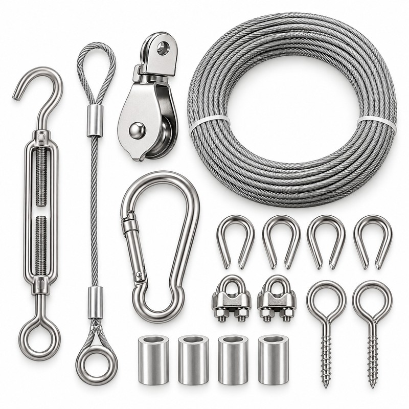 Outdoor Dog Tie Out Trolley Cable System Kit with Pulley,
