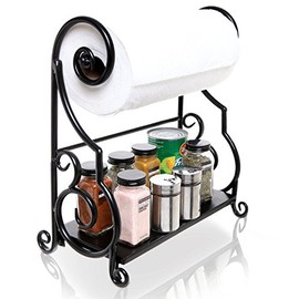 MyGift Black Metal Kitchen Countertop Scrollwork Design Paper Towel Holder Bar with Condiment Shelf Rack