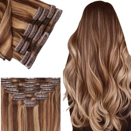 Benehair Human Hair Clip in Extensions Balayage Medium Brown Mix Dark Blonde Highlight Hair Extensions for Women Long Straight Remy Natural Full Head 8pcs 8inch No Tape No Glue #4P27