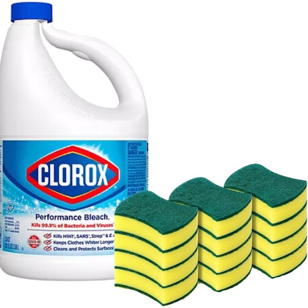 Clorox Performance Bleach with CloroMax, 121 oz (1 Pack) & Green Label 12-Pack Heavy Duty Scrub Sponges Bundle - Enhanced Cleaning Power for Home and Kitchen